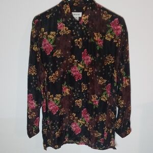 Bogari 100% Silk Size Small Black Floral Button Up Blouse